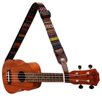 MUSIC FIRST Classic Country style Soft Yarn-dyed fabric & Genuine Leather Ukulele Strap Ukulele Shoulder Strap Version 2.0 With a MUSIC FIRST Genuine Leather Strap Locker