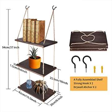 TJ.MOREE Wall Hanging Rope Shelf Wood Hanging Plant Shelves, 3 Tier Window Shelf Home Decor Storage Shelves for Interior Window/Kitchen/Bathroom/Bedroom (Dark Brown)