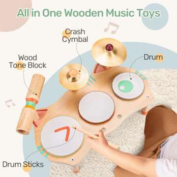 OATHX Kids Drum Set for Toddlers 3+, All-in-One Montessori Musical Instruments - Wooden Music Toys for Baby, Neutral Colors, Sensory Preschool Drum Kit, Birthday Gifts for Boys Girls