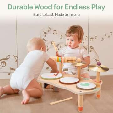 OATHX Kids Drum Set for Toddlers 3+, All-in-One Montessori Musical Instruments - Wooden Music Toys for Baby, Neutral Colors, Sensory Preschool Drum Kit, Birthday Gifts for Boys Girls