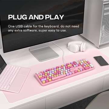 MOWUX Computer Keyboard Wired, Plug and Play USB Retro Round Typewriter Keyboard, Full Size Wired Keyboard with Foldable Stands for Laptop and Office PC- Pink Colorful