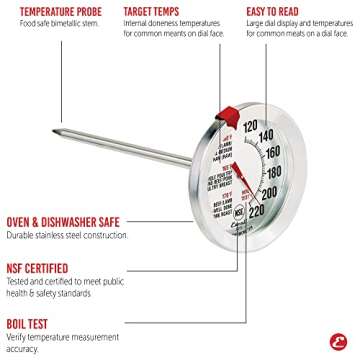 Escali AH1 Stainless Steel Oven Safe Meat Thermometer, Extra Large 2.5-inches Dial, Temperature Labeled for Beef, Poultry, Pork, and Veal Silver NSF Certified