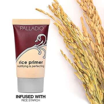 Palladio Rice Primer, Formulated with Natural Rice, Controls Oil on Your Skin and Locks in Makeup, Lightweight with a Smooth Matte Finish, Reduces Facial Shine, for All Skin Types, Beige, 0.71 Fl Oz