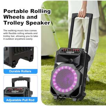 Karaoke Machine with 2 Wireless Microphones, Rolling Wheels, and Trolley – 8800mAh Portable Bluetooth Speaker, PA System with Lights, Adjustable Bass/Treble/Echo for Parties, Indoor and Outdoor Use