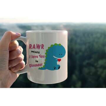 Cute Blue Dinosaur Mug Cup,Rawa Means I Love You in Dinosaur Ceramic Mug-11oz Coffee Milk Tea Mug Cup,Gifts For Dinosaur Lovers Boys Kids Teens,Funny Dinosaur Gag Gift