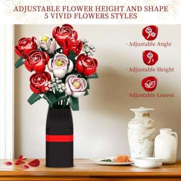 Roses Flower Bouquet Building Kit, 841PCS Red Roses Artificial Flowers with Vase, Botanical Collection Forever Rose Toy for Adults, Kids, Valentine's Unique DIY Gifts for Women, Her, Him Anniversaries