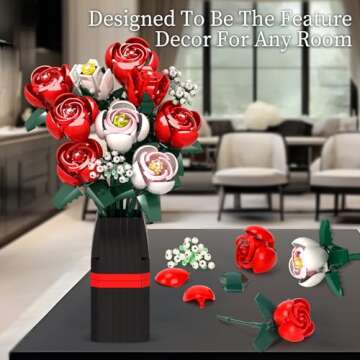 Roses Flower Bouquet Building Kit, 841PCS Red Roses Artificial Flowers with Vase, Botanical Collection Forever Rose Toy for Adults, Kids, Valentine's Unique DIY Gifts for Women, Her, Him Anniversaries