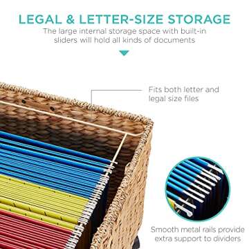 Best Choice Products Water Hyacinth Rolling Filing Cabinet, Woven Mobile Storage Basket, Portable File Organizer for Legal & Letter Size Memos w/Lid, 4 Locking Wheels - Natural