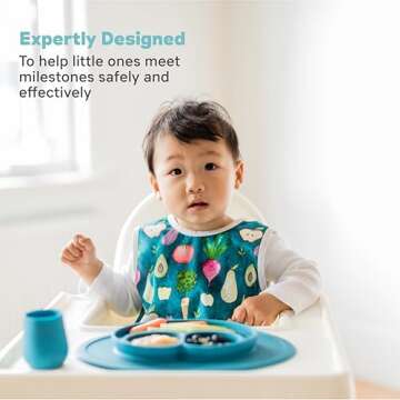 ezpz Mini Mat for 12 Months+ (Blue) - 100% Silicone Baby Plates with Suction and Built-in Placemat for Infants + Toddlers - Baby Led Weaning - for Highchair, Dining Table and Travel