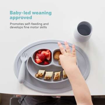 ezpz Mini Mat for 12 Months+ (Blue) - 100% Silicone Baby Plates with Suction and Built-in Placemat for Infants + Toddlers - Baby Led Weaning - for Highchair, Dining Table and Travel