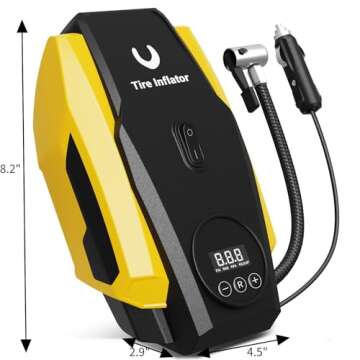 Powools Tire Inflator Portable Air Compressor - Air Pump for Car Tires - 12V DC Compact Tire Pump with Auto Shutoff Function - Multipurpose Car Accessory with LED Light, Yellow, Medium