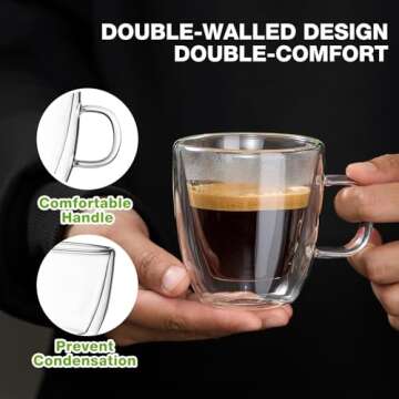 Mfacoy Glass Double Wall Insulated Espresso Cups (Set of 2), 5.4 oz Glass Espresso Shots Cup with Handle, Insulated Glasses Espresso Mugs, Small Coffee Cups, Espresso Shot Glass, Espresso Shot Glass