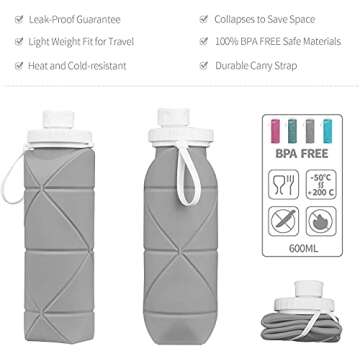 SPECIAL MADE Collapsible Water Bottles Cups Leakproof Valve Reusable BPA Free Silicone Foldable Travel Water Bottle Cup for Gym Camping Hiking Travel Sports Lightweight Durable (grey)