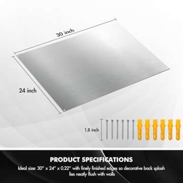 Micmi Stainless Steel Backsplash 24" x 30" Inch SS304 Reversible Ultra Flat Flushed Stove Metal Splatter Guard Range Hood Wall Shield for Kitchen Easy Clean Installation w/ 4 Pre Drilled Holes Screws