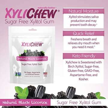 Xylichew 100% Xylitol Chewing Gum - Non GMO, Non Aspartame, Gluten Free, and Sugar Free Gum - Natural Oral Care, Relieves Bad Breath and Dry Mouth - Licorice, 50 Count