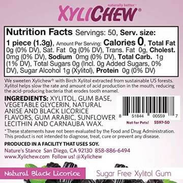 Xylichew 100% Xylitol Chewing Gum - Non GMO, Non Aspartame, Gluten Free, and Sugar Free Gum - Natural Oral Care, Relieves Bad Breath and Dry Mouth - Licorice, 50 Count