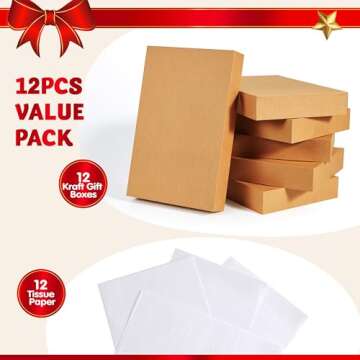 JOYIN 12PCS Christmas Shirt Gift Boxes with Lids for Presents, 14.25" x 9.5" x 1.8" Brown Kraft Clothes Gifts Wrap Boxes with Tissue Paper for Sweater, Robe, Xmas, Holidays, Father's Day, Birthdays