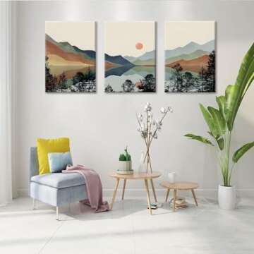 Bwodke Framed Mountain Wall Art Nature Landscape Watercolor Sun Forest Canvas Picture Prints Set of 3 Artwork Painting Home Wall Decor for Living Room Bedroom Office