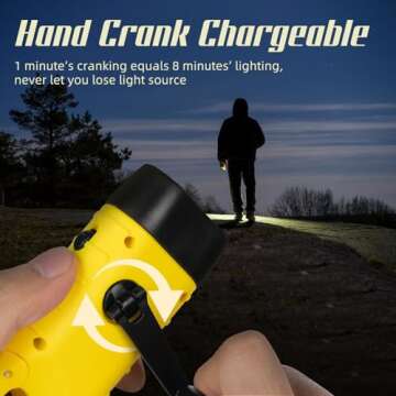 SEANCHEER Hand Crank Solar Powered Flashlights,Compact Emergency Rechargeable LED Flashlight Handheld Survival Flashlight,Quick Snap Carbiner Dynamo Flashlight for Outdoor,Sports,Hiking (Yellow)