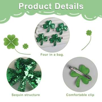 Totelux St. Patrick's Day Shamrock Hair Clips Sequins Hair Pins Irish Green Clover Hair Barrettes Glitter Alligator Clips for Women Girls Hair Accessories Holiday Party Supplies Gift 4PCS