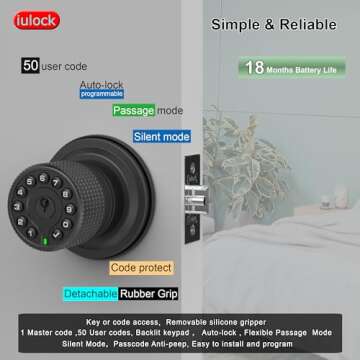 iulock Keypad & Key Smart Door Lock, 50 User Codes, Waterproof, Auto Lock - Matte Black