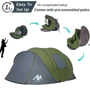 6 Person Easy Pop Up Tents for Camping - AYAMAYA Double Layer Waterproof Instant Tent with Vestibule & Porch, Large Size Family Automatic Setup 4-6 People Hiking (Poles Included)