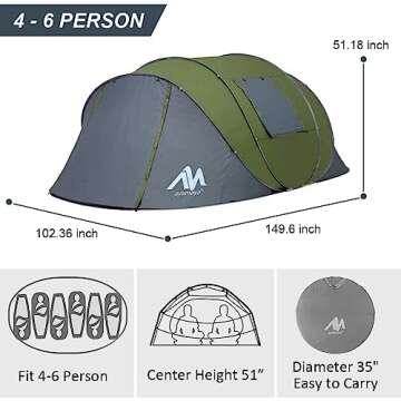 6 Person Easy Pop Up Tents for Camping - AYAMAYA Double Layer Waterproof Instant Tent with Vestibule & Porch, Large Size Family Automatic Setup 4-6 People Hiking (Poles Included)