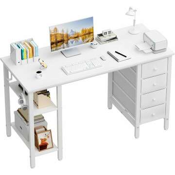 Lufeiya White Computer Desk with Drawers & Storage Shelves, 47 Inch Study Work Writing Desk for Home Office Bedroom, Simple Modern Cute PC Desks Table, White