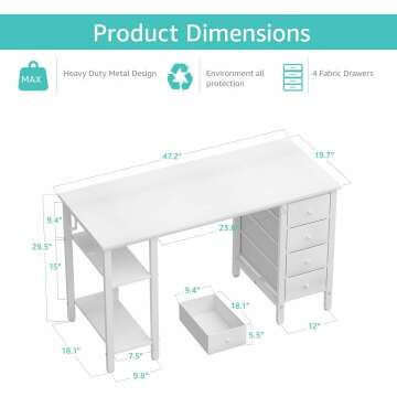 Lufeiya White Computer Desk with Drawers & Storage Shelves, 47 Inch Study Work Writing Desk for Home Office Bedroom, Simple Modern Cute PC Desks Table, White