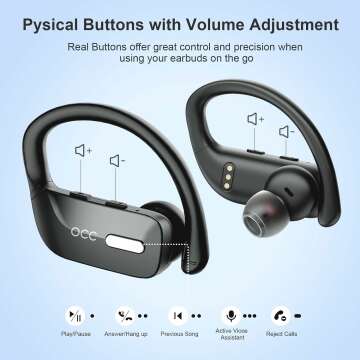 occiam Wireless Earbuds Bluetooth Headphones 48H Play Back Earphones in Ear Waterproof with Microphone LED Display for Sports Running Workout Black