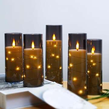 kakoya Flameless LED Candles with Timer 5 Pc Flickering Flameless Candles for Romantic Ambiance and Home Decoration Stable Acrylic Shell,with Embedded Star String，Battery Operated Candles（Grey）