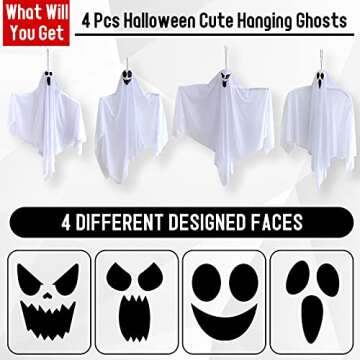 4 Pcs 31.5" Hanging Ghosts Halloween Decorations Outdoor, Hanging Ghosts Halloween Decor for Garden Yard Patio Lawn