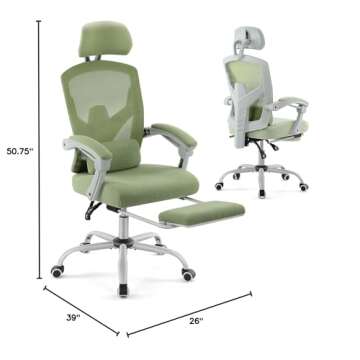 Sweetcrispy Office Computer Desk Chair, Mesh Rolling Work Swivel Ergonomic High-Back Chairs with Wheels, Comfortable Lumbar Support, Comfy Arms for Home, Bedroom, Study, Student, Green