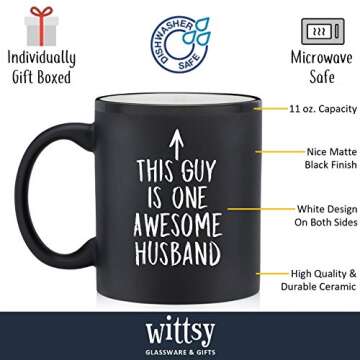 One Awesome Husband Funny Coffee Mug - Anniversary & Valentine's Day Gifts for Men, Him - Best Husband Gifts from Wife, Wifey, Her - Unique Birthday Present Idea - Fun & Cool Novelty Cup (Matte Black)