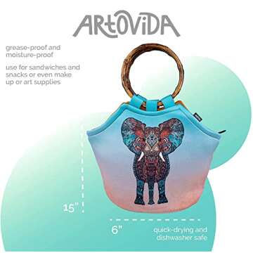 Artovida Artists Collective Lunch Purse | 11 x 15 x 6 Inches Large Reusable Insulated Lunch Tote with Inside Pocket - Design by Monika Strigel (Germany) Elephant - Bamboo