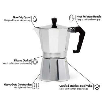 Primula Classic Stovetop Espresso and Coffee Maker, Moka Pot for Italian and Cuban Café Brewing, Greca Coffee Maker, Cafeteras, 6 Espresso Cups, Silver