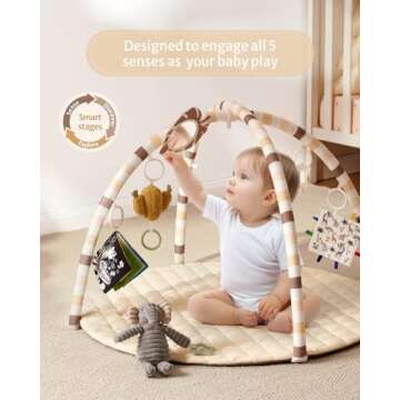 Blissful Diary Baby Play Gym Mat, Tummy Time Mat with 6 Detachable Toys for Stage-Based Sensory & Motor Skill Development, Baby Activity Mat Easy to Install, Baby Essentials Gift, Sandy Beige