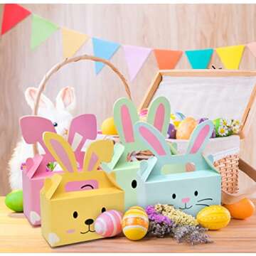 Gift Boutique 24 Pack Easter Treat Boxes Bunny Cardboard Favor Boxes with Handle Bunnies Rabbit Ears Basket Containers Cookie Goody Box Holder for Spring Kids School Classroom Party Decorations