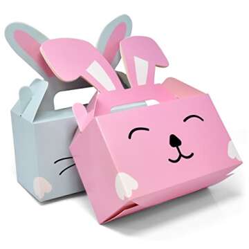 Gift Boutique 24 Pack Easter Treat Boxes Bunny Cardboard Favor Boxes with Handle Bunnies Rabbit Ears Basket Containers Cookie Goody Box Holder for Spring Kids School Classroom Party Decorations