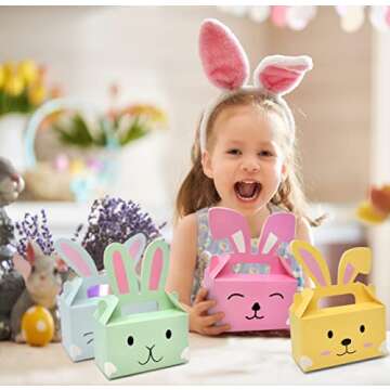 Gift Boutique 24 Pack Easter Treat Boxes Bunny Cardboard Favor Boxes with Handle Bunnies Rabbit Ears Basket Containers Cookie Goody Box Holder for Spring Kids School Classroom Party Decorations