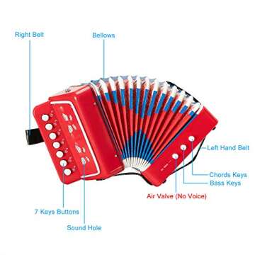 10 Keys Button Accordion for Kids,Mini Accordian Musical Instrument for Early Childhood Development,Gift for Family, Beginners Red