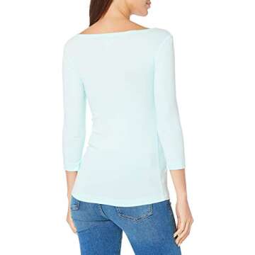 Amazon Essentials Women's Slim-Fit 3/4 Sleeve Solid Boat Neck T-Shirt, Aqua Blue, X-Small