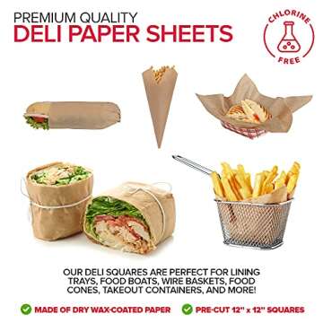 12” Deli Squares (250 Pack) - Natural Kraft Deli Papers - Greaseproof Liners for Food Boats - Pre Cut Deli Sandwich Wrappers - Food Basket Sheets for BBQ, Picnic, Festival, Fair - Stock Your Home