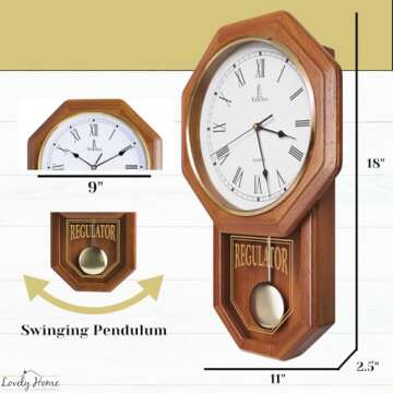 Pendulum Wall Clock Battery Operated - Regulator Clock - Wooden Schoolhouse Wall Clock with Pendulum - Wood Pendulum Clock - Decorative Wall Clocks for Living Room Decor, Home, Office and Gift 18x11