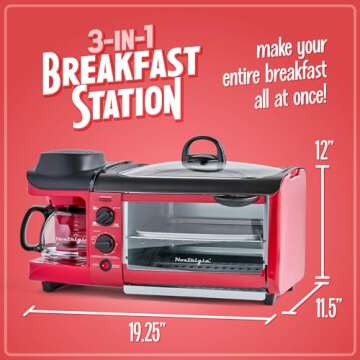 Nostalgia 3-in-1 Breakfast Station - Includes Coffee Maker, Non-Stick Griddle, and 4-Slice Toaster Oven - Versatile Breakfast Maker with Timer - Red