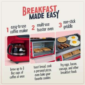 Nostalgia 3-in-1 Breakfast Station - Includes Coffee Maker, Non-Stick Griddle, and 4-Slice Toaster Oven - Versatile Breakfast Maker with Timer - Red