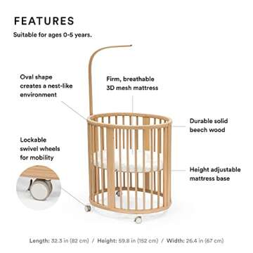 Stokke Sleepi Mini Bundle, Natural - Includes Crib/Bed, Mattress & Drape Rod - Suitable for Ages 0-5 Years Old - Adjustable & Stylish