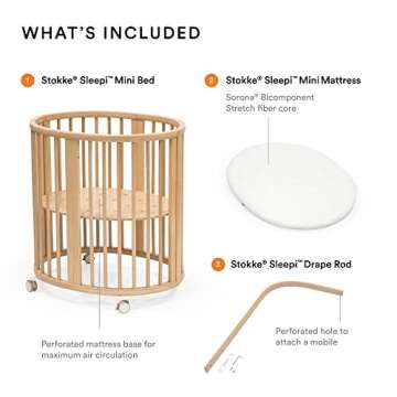 Stokke Sleepi Mini Bundle, Natural - Includes Crib/Bed, Mattress & Drape Rod - Suitable for Ages 0-5 Years Old - Adjustable & Stylish