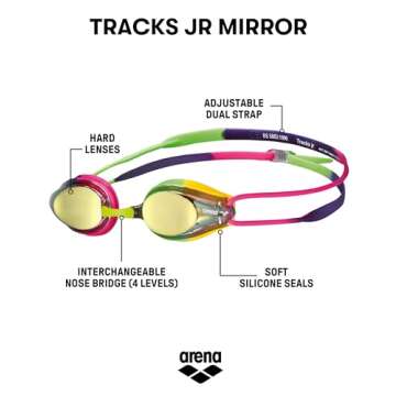 ARENA Tracks Unisex Junior Youth Essential Racing Swim Goggles Kids Swimmers Young Racers 6-12 Anti-Fog Coated Mirror Lens, Violet/Fuchsia/Green