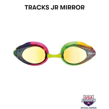 ARENA Tracks Unisex Junior Youth Essential Racing Swim Goggles Kids Swimmers Young Racers 6-12 Anti-Fog Coated Mirror Lens, Violet/Fuchsia/Green